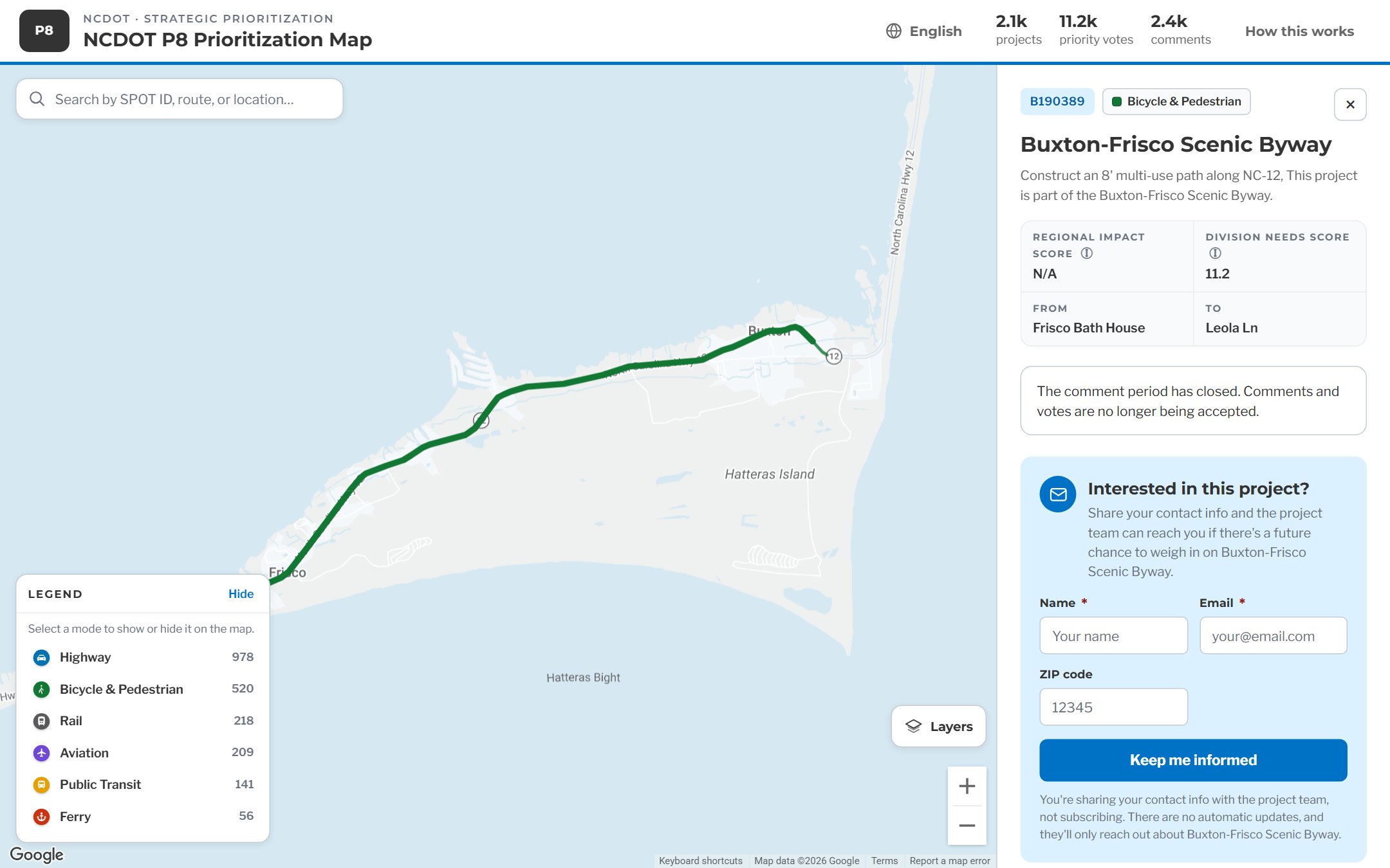 Project B190389, the Buxton-Frisco Scenic Byway multi-use path on Hatteras Island, drawn as a line on the map with its details in the sidebar