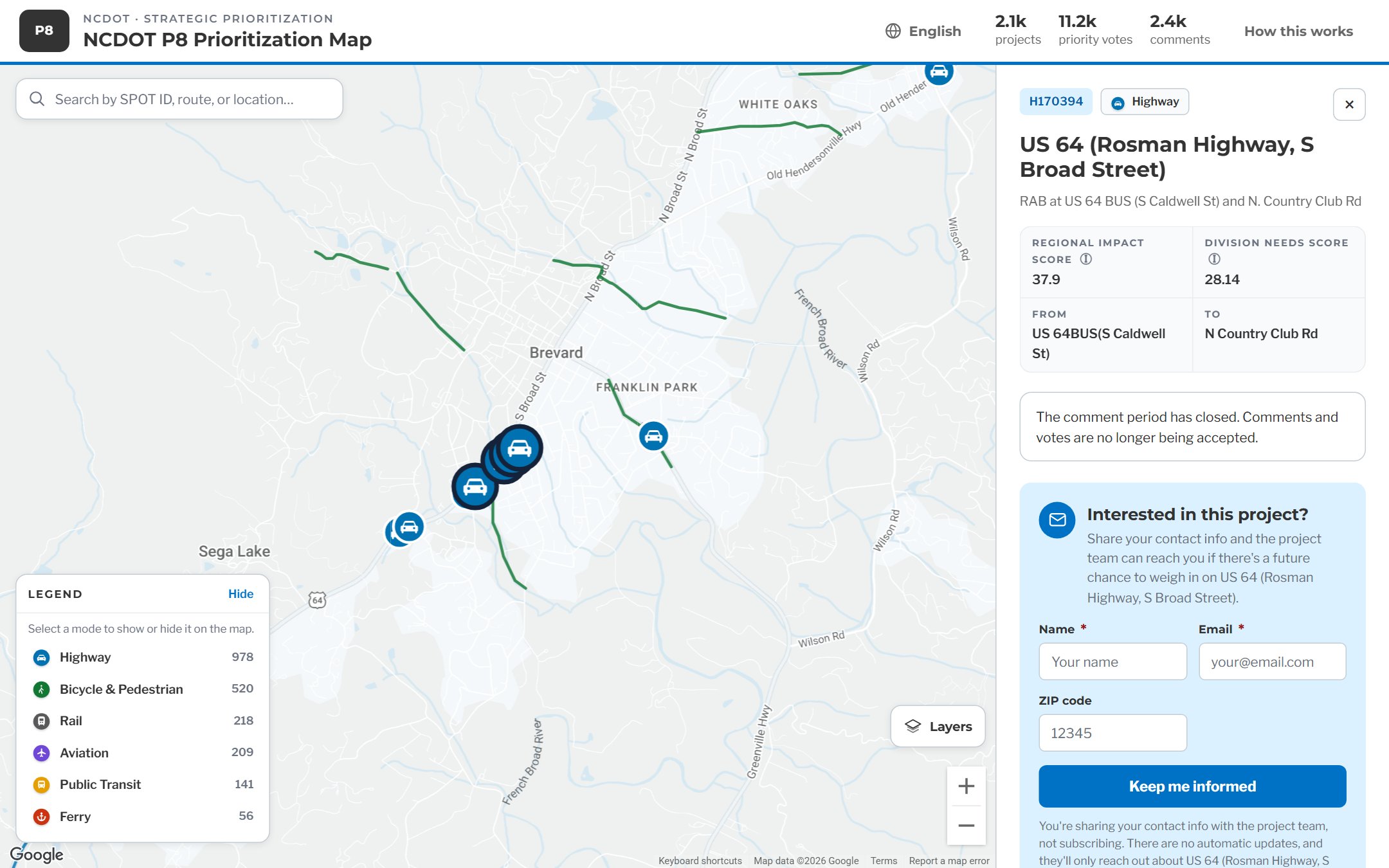 Project H170394, US 64 in Brevard, selected on the map with the sidebar showing its SPOT ID, Highway mode tag, description, Regional Impact score, Division Needs score, and from and to limits