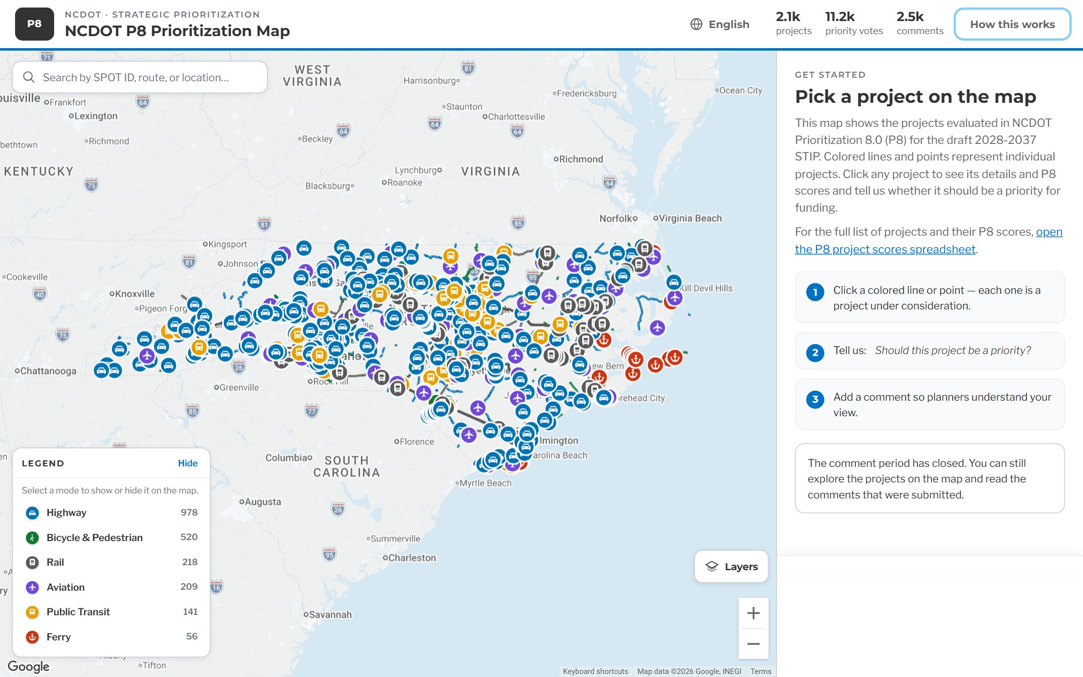NCDOT's P8 Prioritization Map for the draft 2028 to 2037 STIP, showing every project across North Carolina drawn by travel mode